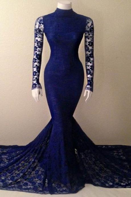 Royal Blue Lace Evening Dress, Party Dress, Prom Dress,long Sleeve Evening Dresses